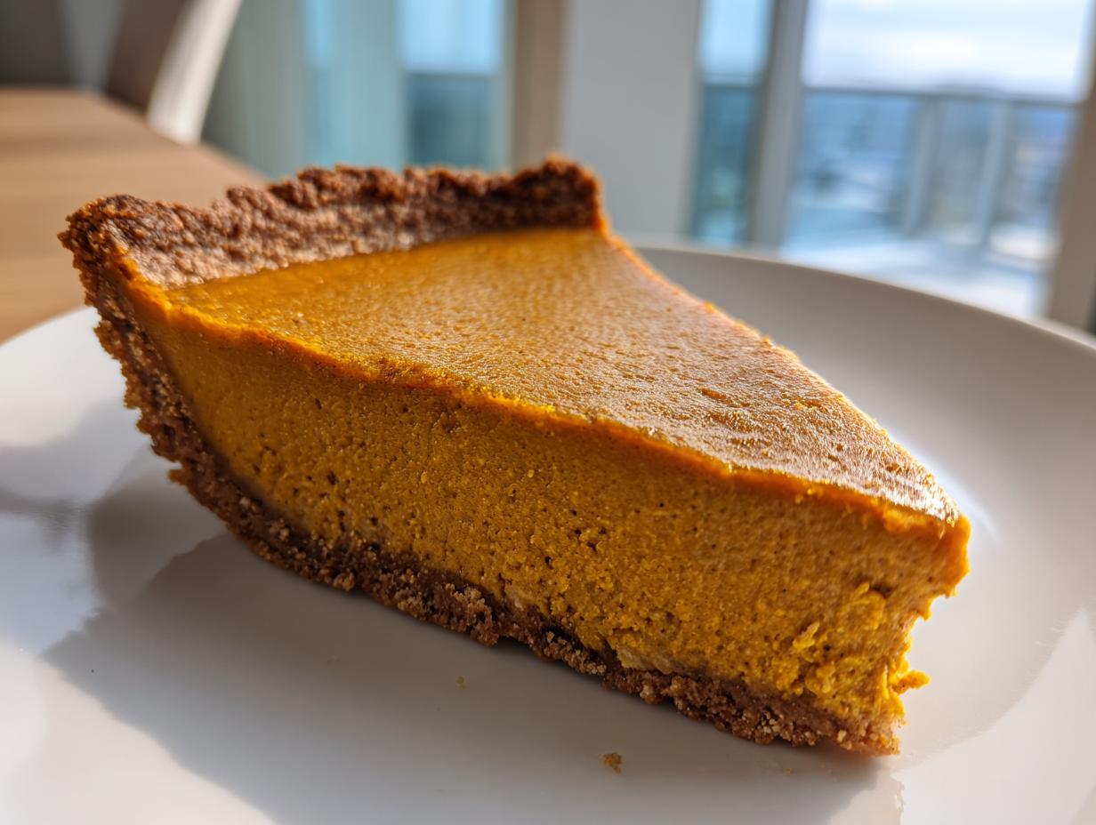 A close-up of a perfect slice of vegan pumpkin pie with a dark, crumbly crust on a white plate.