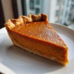 A perfect slice of rich, orange vegan pumpkin pie with a flaky crust on a white plate.