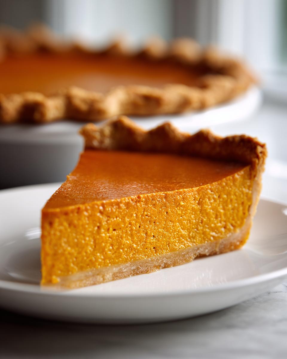 A close-up of a thick slice of rich orange vegan pumpkin pie on a white plate, with the rest of the pie blurred in the background.