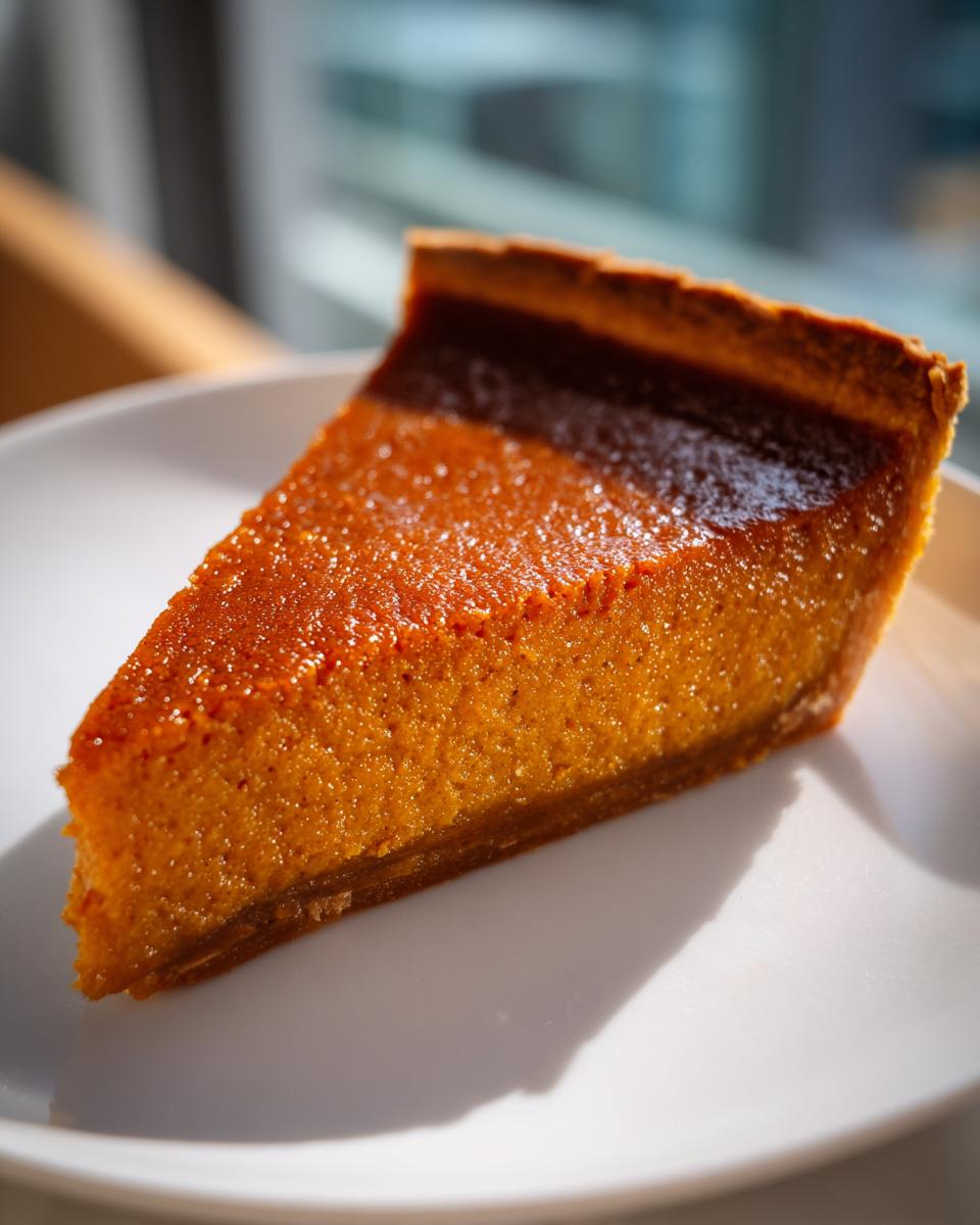 A close-up, sunlit slice of rich orange vegan pumpkin pie on a white plate.