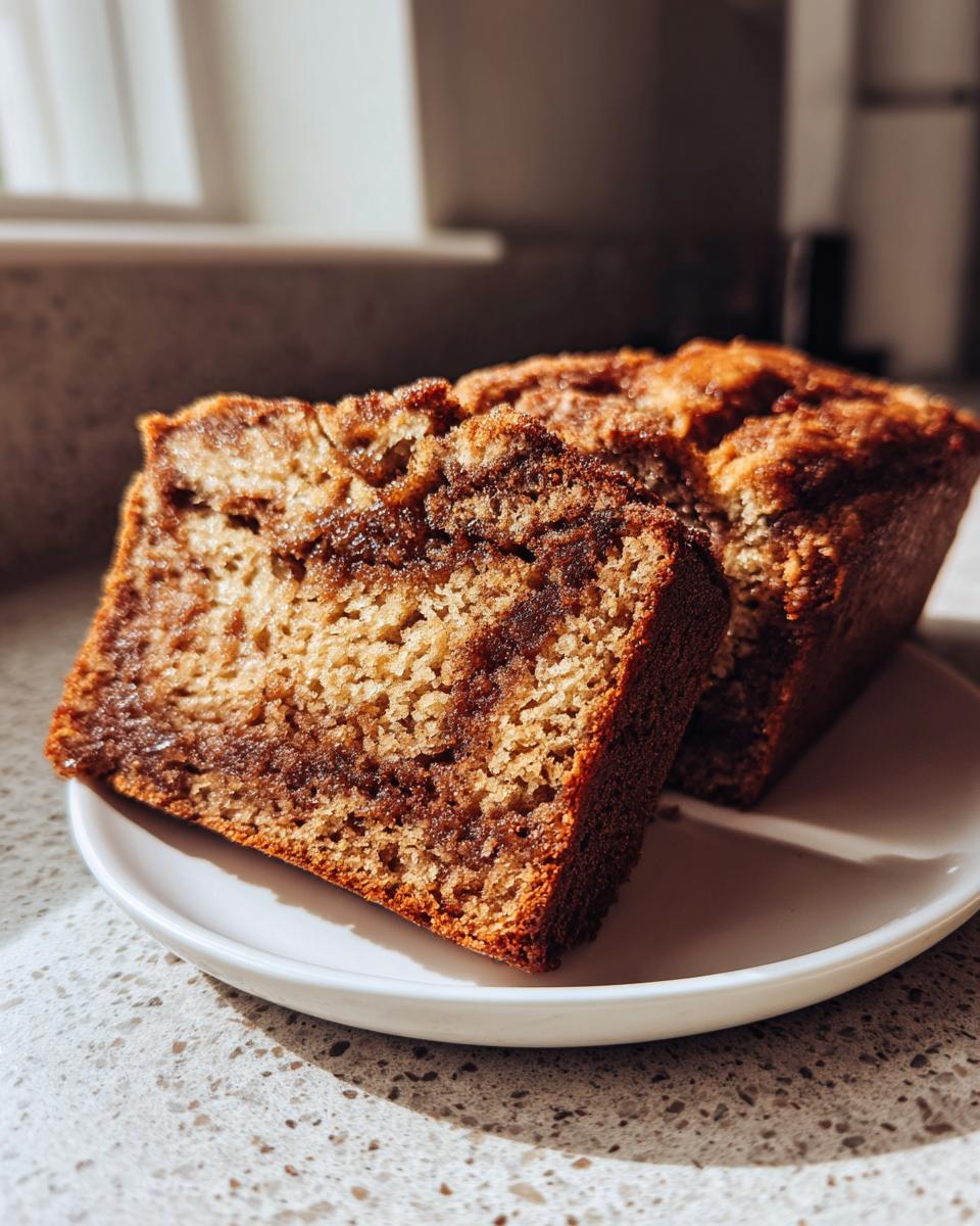 A close-up of sliced snickerdoodle banana bread showing a rich cinnamon swirl texture.