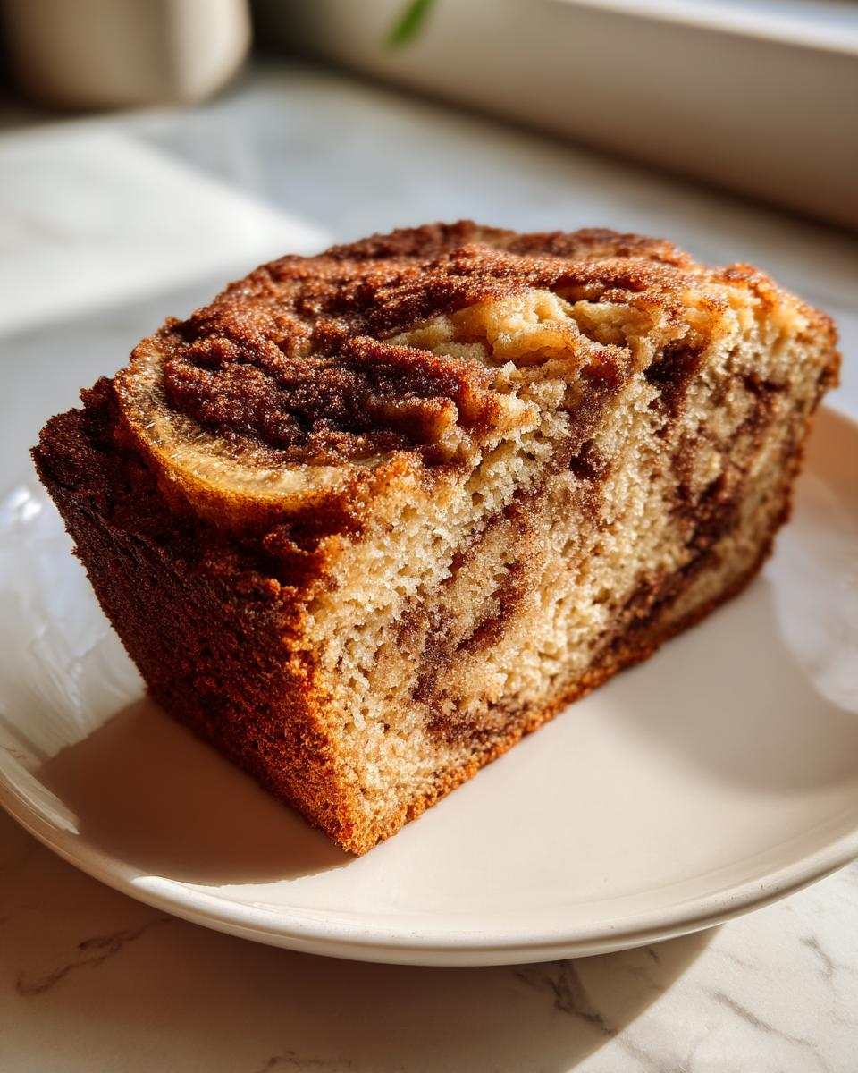 A thick slice of snickerdoodle banana bread featuring a prominent cinnamon swirl topping, sitting on a white plate.