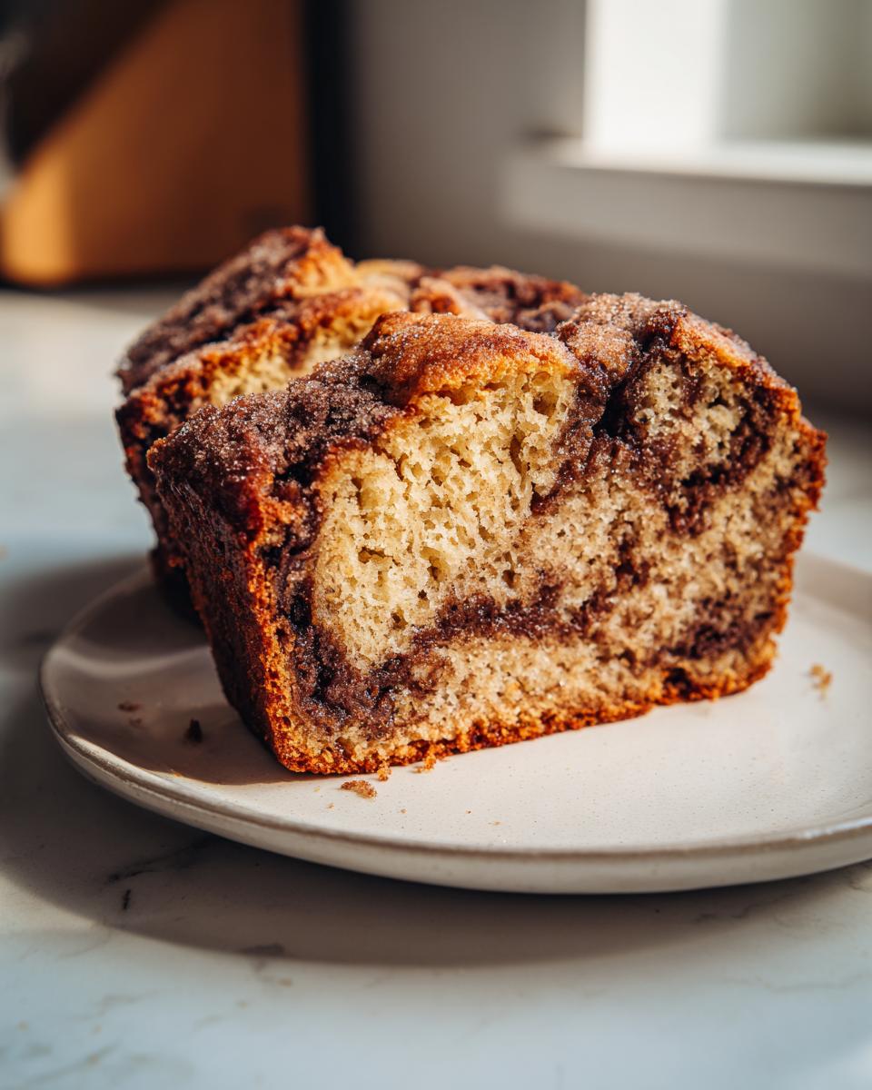 A close-up of a thick slice of snickerdoodle banana bread featuring a rich cinnamon swirl and sugary topping.