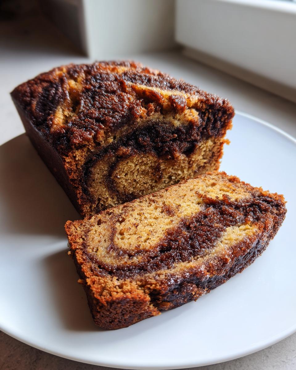 A close-up of snickerdoodle banana bread loaf with one slice cut, showing a rich cinnamon swirl.