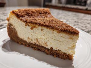 A thick, creamy slice of snickerdoodle cheesecake featuring a graham cracker crust and a heavy cinnamon-sugar topping.