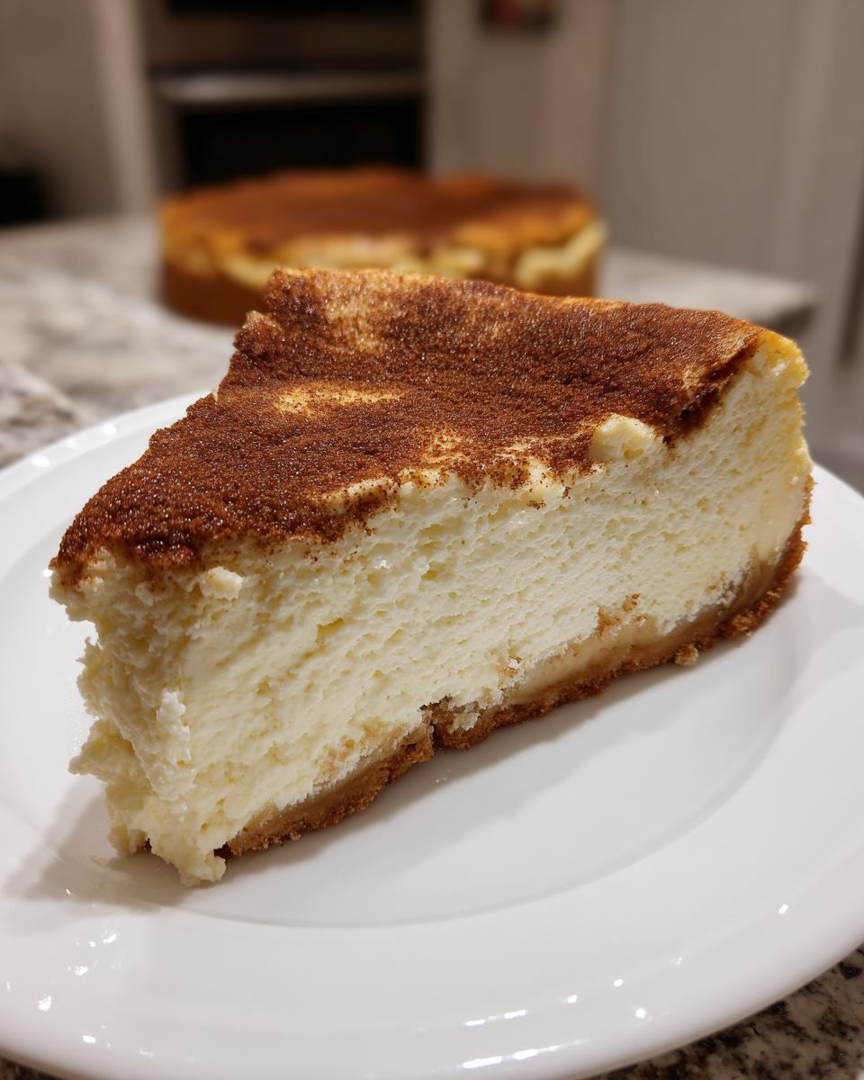 A close-up of a thick slice of creamy snickerdoodle cheesecake topped with cinnamon sugar.