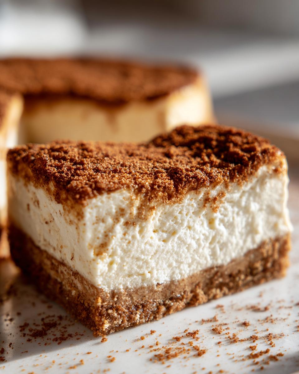 Close-up of a thick slice of creamy snickerdoodle cheesecake with a graham cracker crust and cinnamon sugar topping.