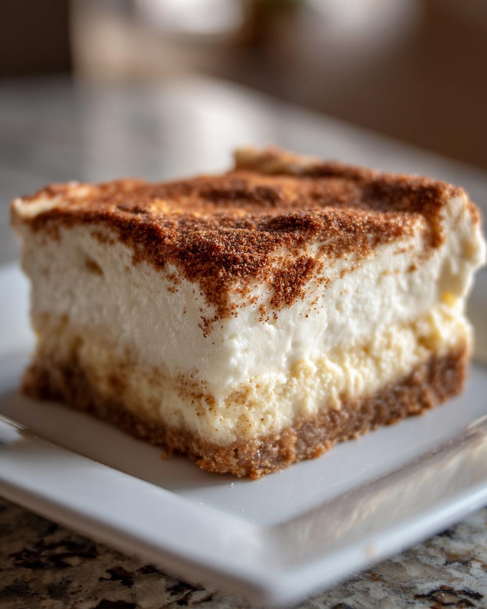Close-up of a thick slice of snickerdoodle cheesecake showing a graham cracker crust, creamy filling, and cinnamon dusting.