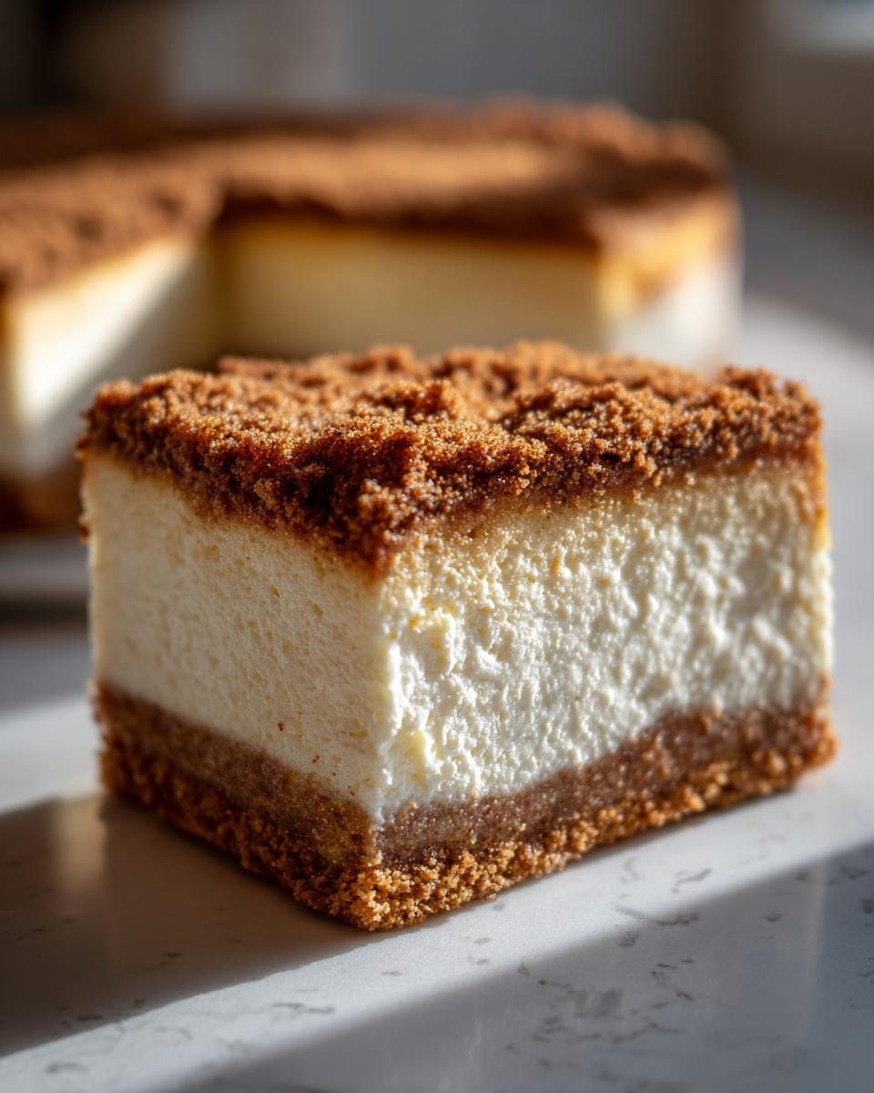 Close-up of a thick slice of creamy snickerdoodle cheesecake featuring a cinnamon crumble topping and crust.