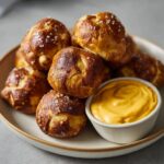 A close-up of freshly baked pretzel bites sprinkled with coarse salt, served with a side of bright yellow cheese dip.