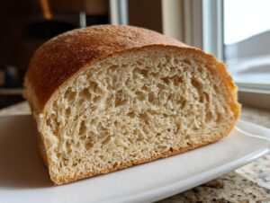 Close-up of a freshly baked sourdough sandwich bread loaf cut in half, showing a soft, even crumb texture.