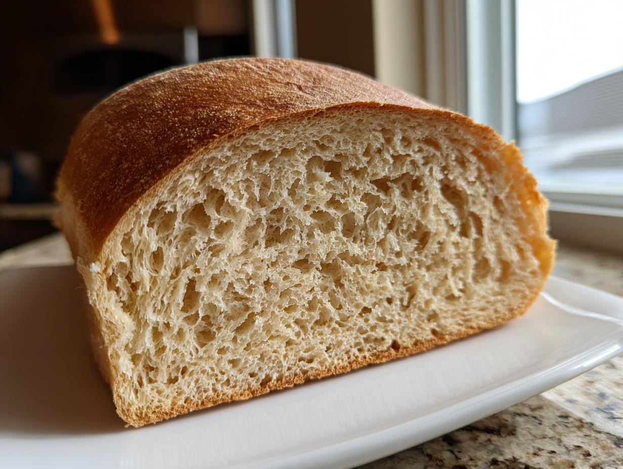 Close-up of a freshly baked sourdough sandwich bread loaf cut in half, showing a soft, even crumb texture.