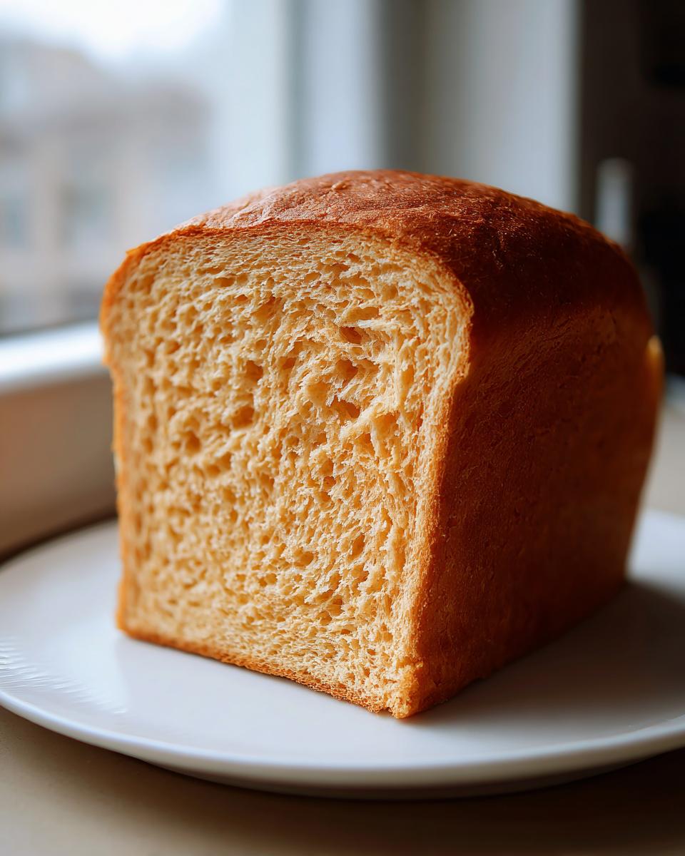 A perfectly baked, square loaf of soft sourdough sandwich bread shown with one end sliced to reveal the fine, fluffy crumb.
