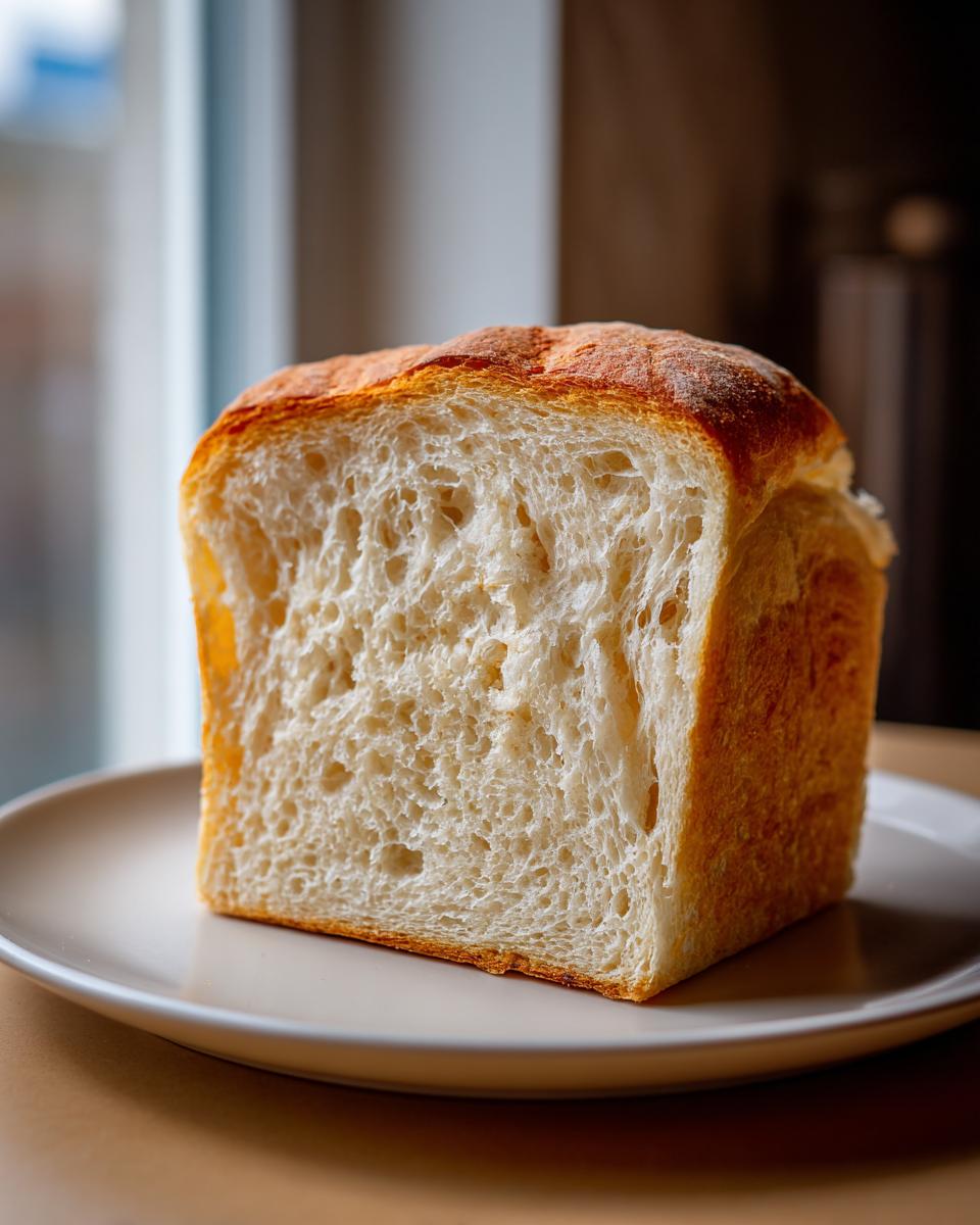 A thick slice of soft sourdough sandwich bread showing its fluffy, open crumb structure.