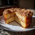 A round sour cream coffee cake with a thick cinnamon crumb topping, showing a slice removed.