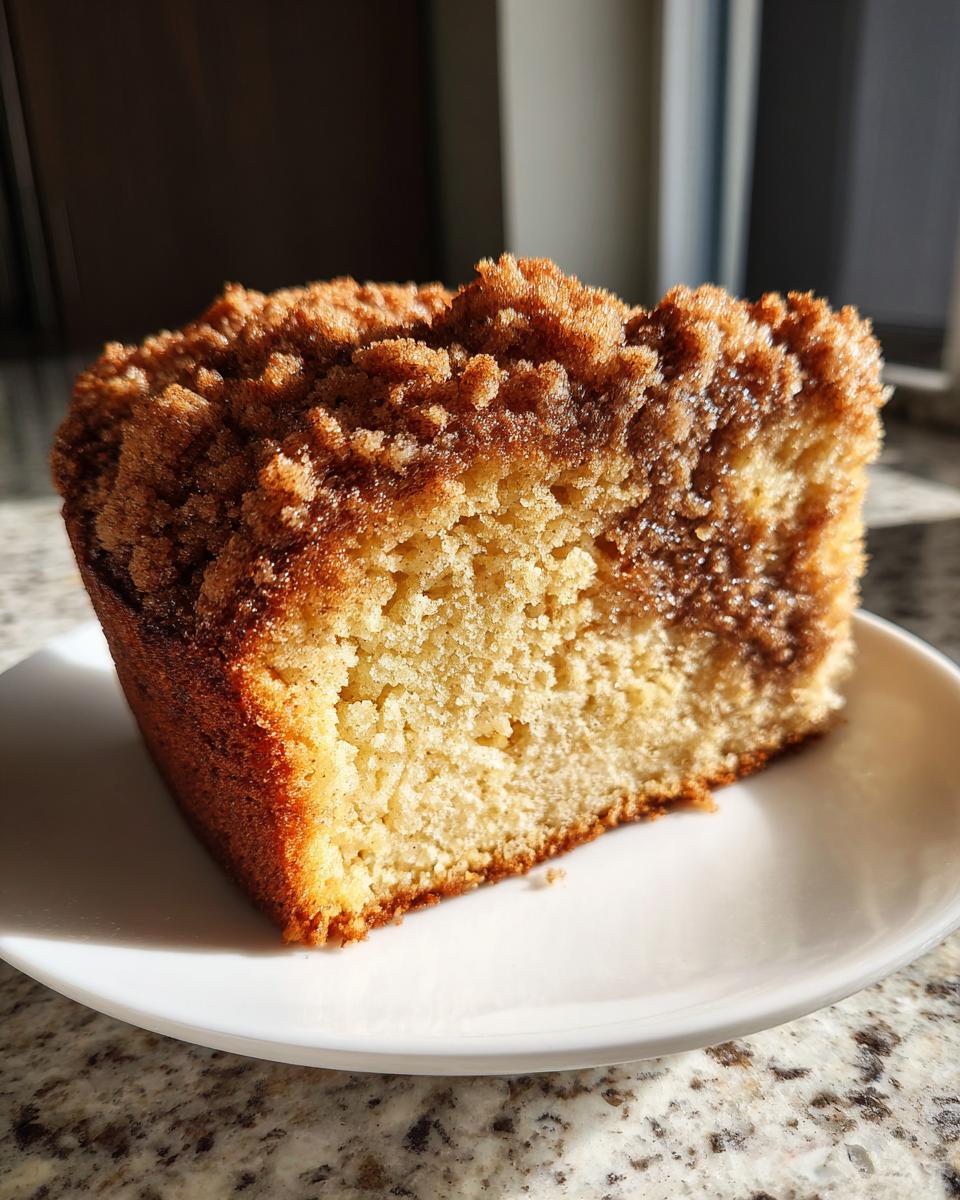A close-up slice of moist sour cream coffee cake featuring a thick cinnamon streusel topping.