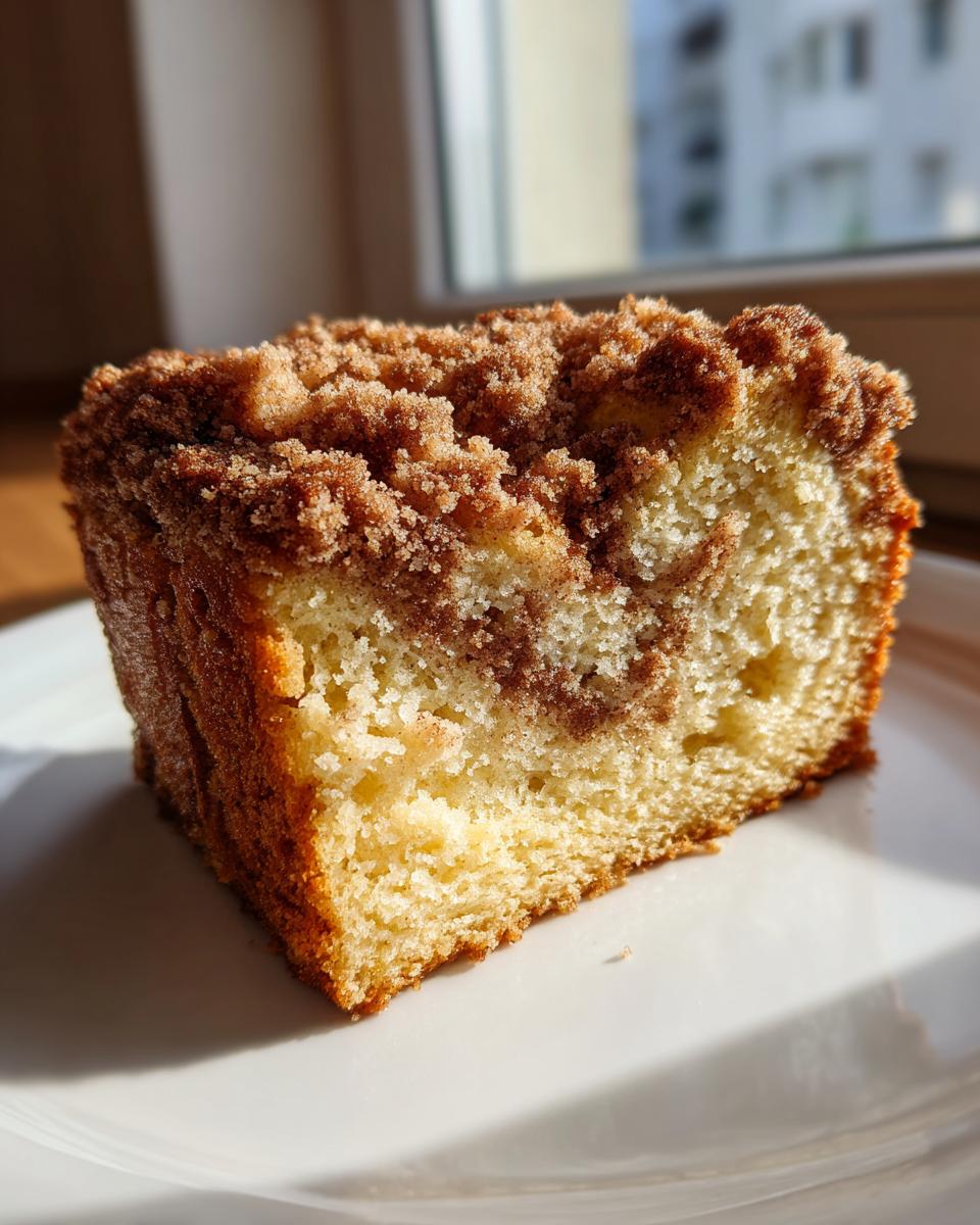 A close-up slice of moist sour cream coffee cake featuring a thick cinnamon streusel topping, sitting on a white plate.