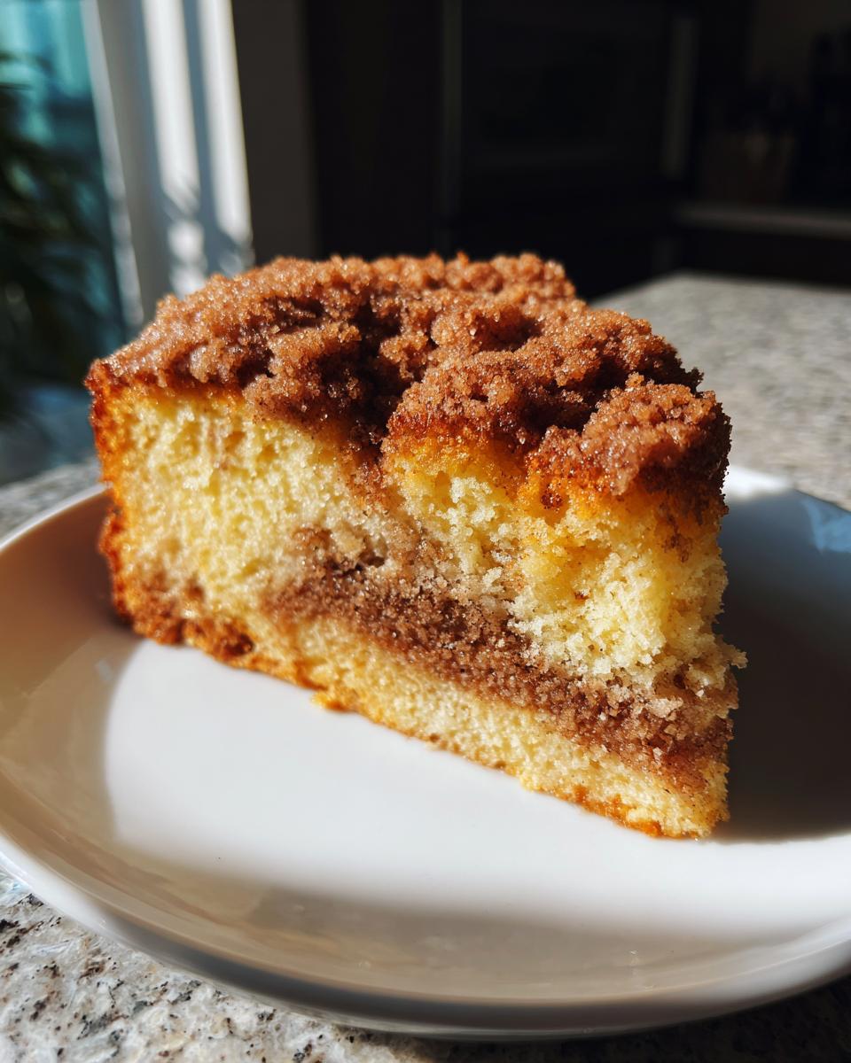 A moist slice of sour cream coffee cake featuring a thick cinnamon streusel topping and middle layer.