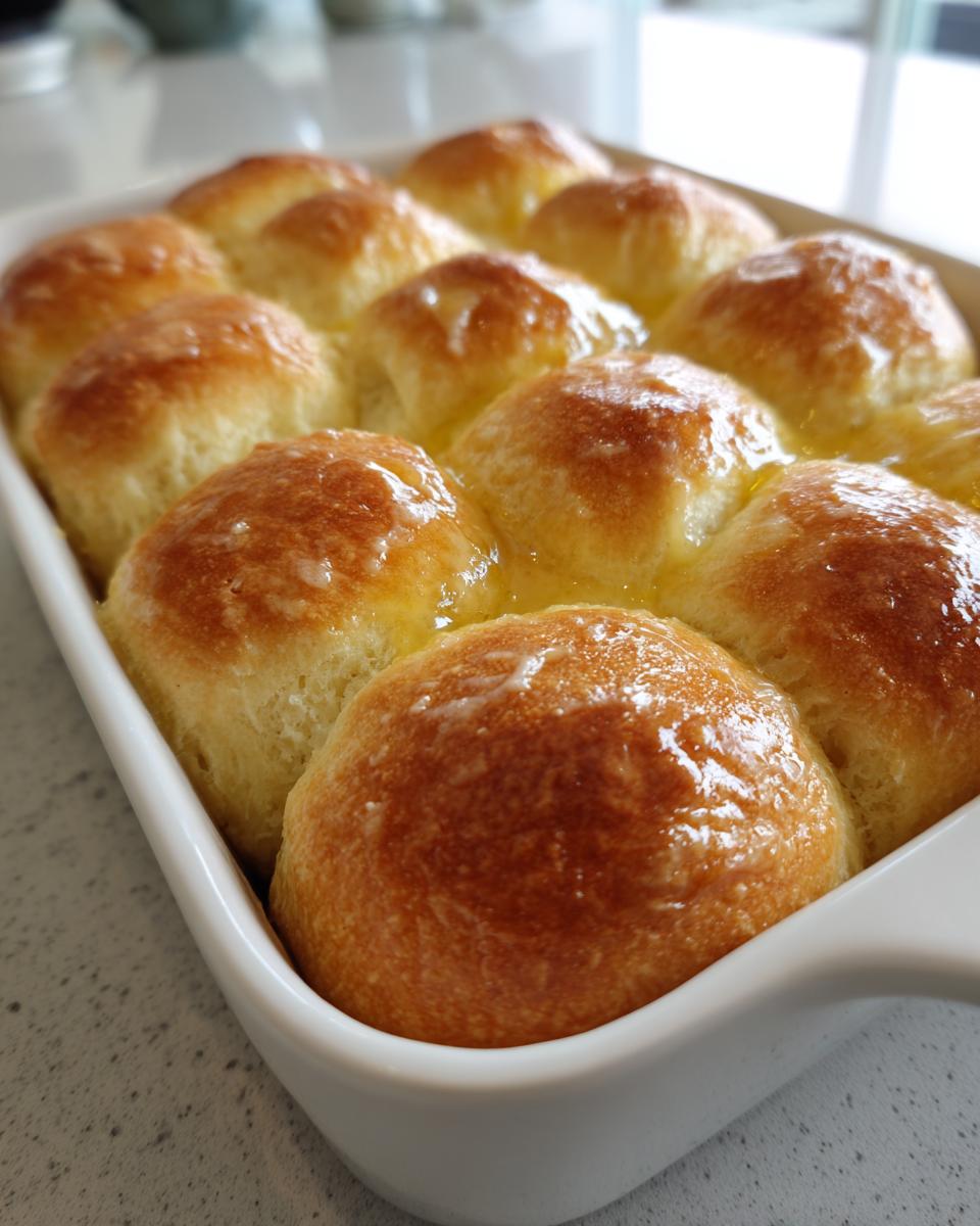 Close-up of freshly baked, golden brown sourdough discard rolls soaking in melted butter in a white baking dish.