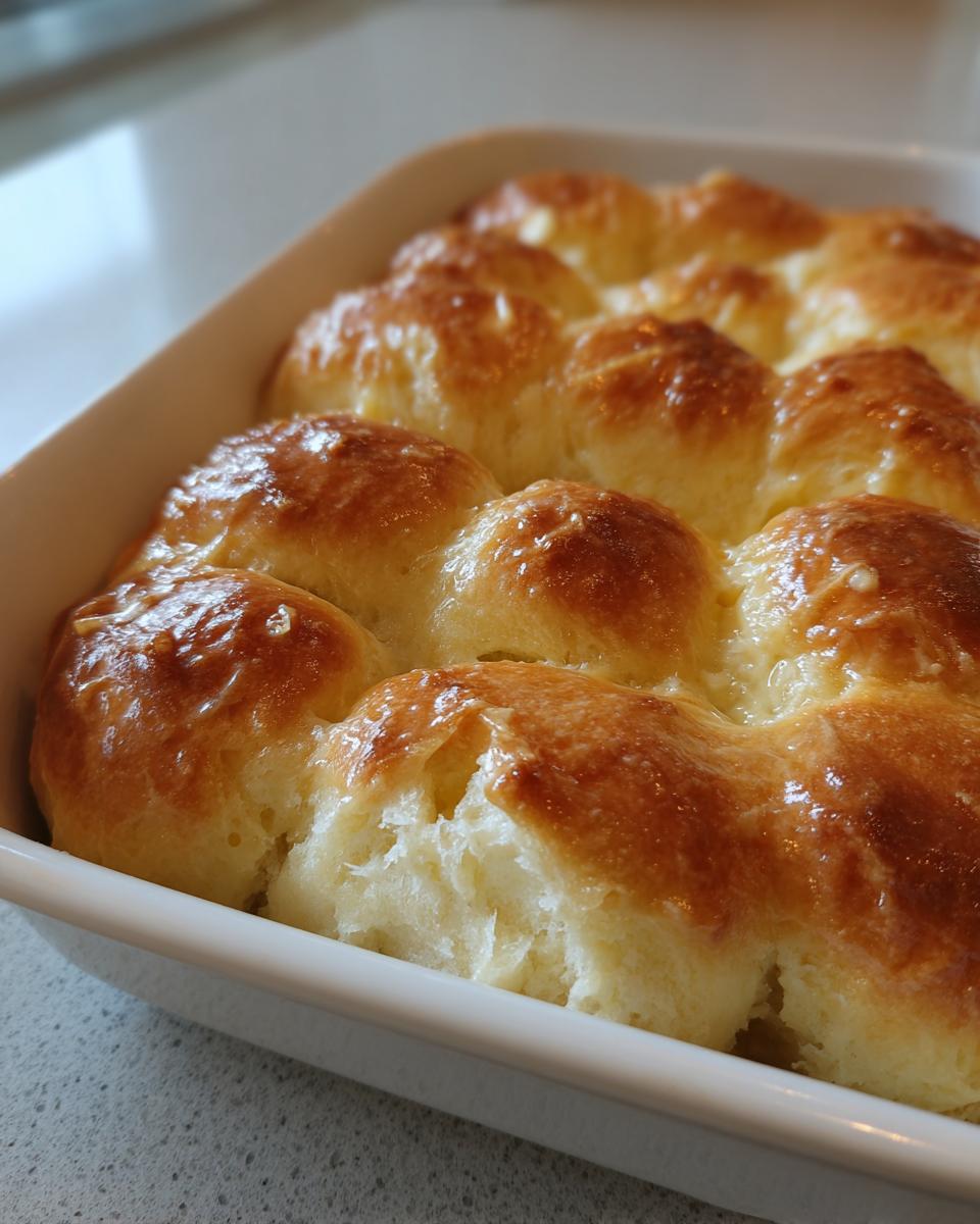 Close-up of golden brown, glossy sourdough discard rolls baked together in a white ceramic dish.