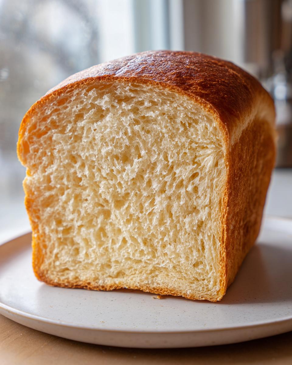 Close-up of a freshly baked sourdough sandwich bread loaf, showing its soft, white interior crumb.