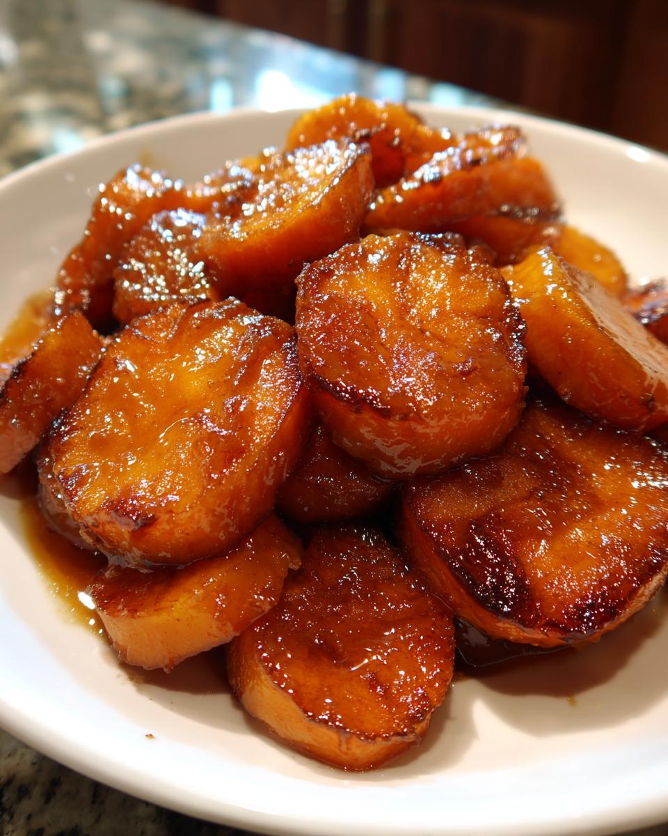 Thick slices of southern candied yams glistening with a rich, dark brown glaze served in a white bowl.