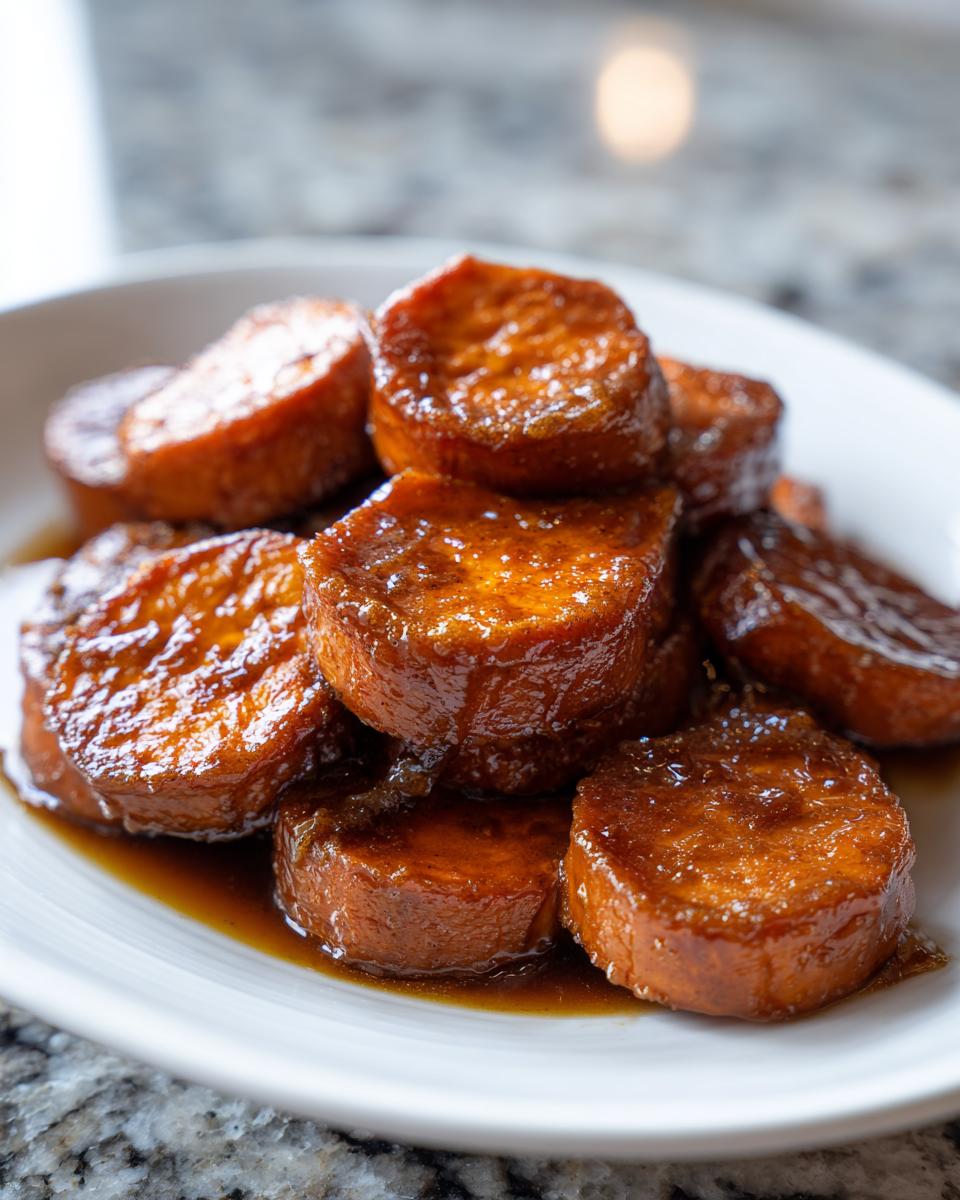 A close-up of thick, round slices of southern candied yams glistening with a rich, dark brown glaze.