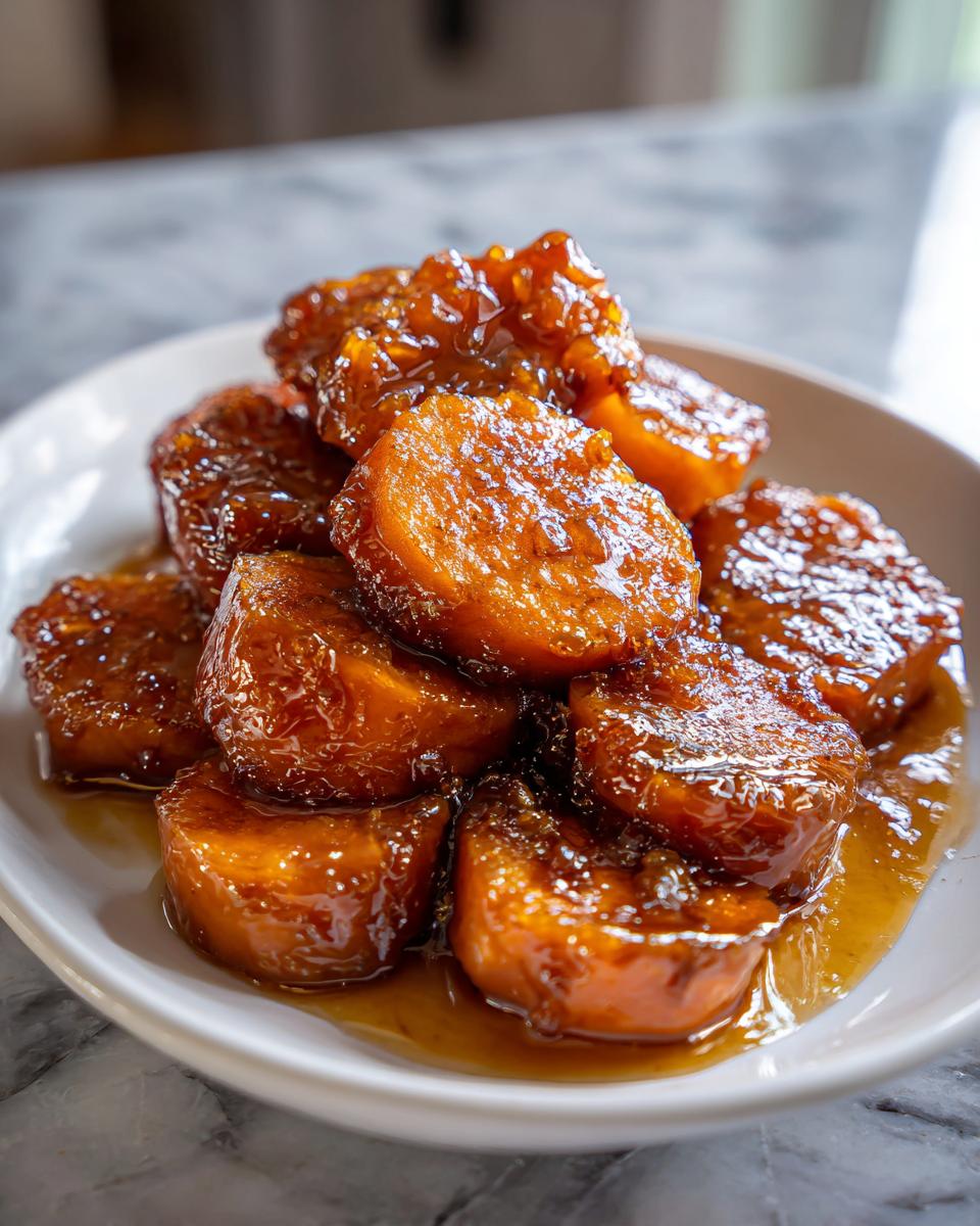 A close-up of thick-cut southern candied yams piled high on a white plate, coated in a thick, glossy brown sugar glaze.