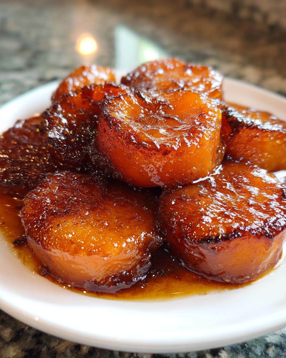 Close-up of thick-cut southern candied yams glistening with a rich, dark brown glaze served on a white plate.