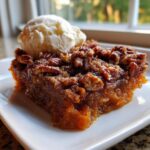 A rich slice of southern sweet potato casserole topped with pecans and a scoop of vanilla ice cream.