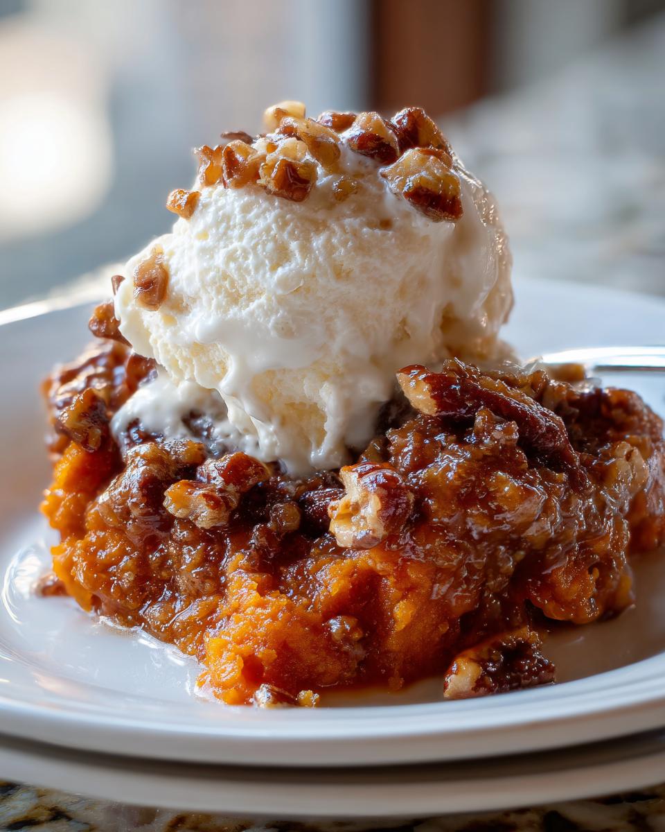 A scoop of vanilla ice cream melting over a warm serving of southern sweet potato casserole topped with glazed pecans.