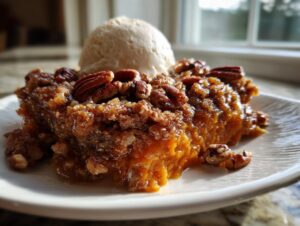 A close-up of a serving of rich southern sweet potato casserole topped with pecans and a scoop of vanilla ice cream.