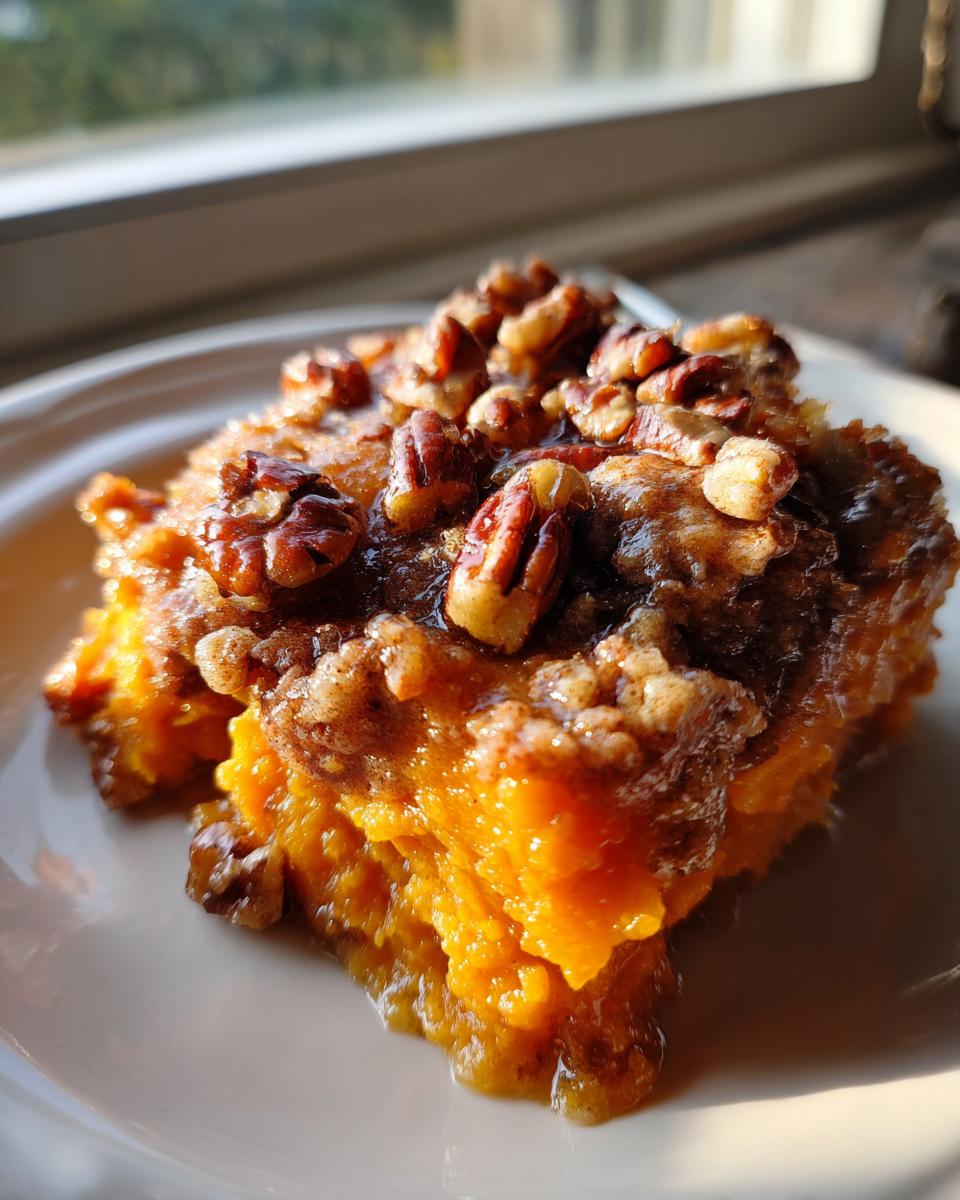 A close-up of a rich, orange slice of southern sweet potato casserole topped with glazed pecans.