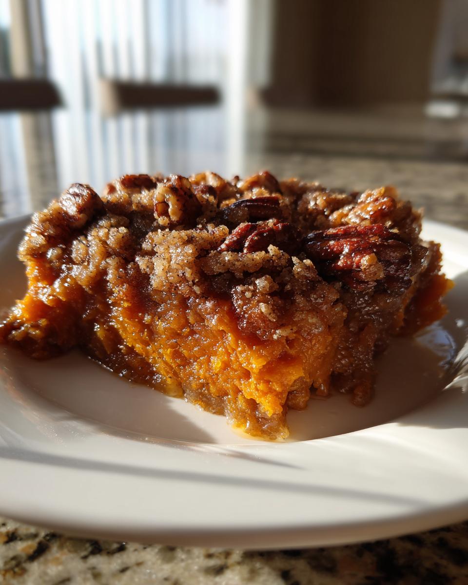 A close-up, sunlit slice of rich, orange southern sweet potato casserole topped with a crunchy pecan streusel.