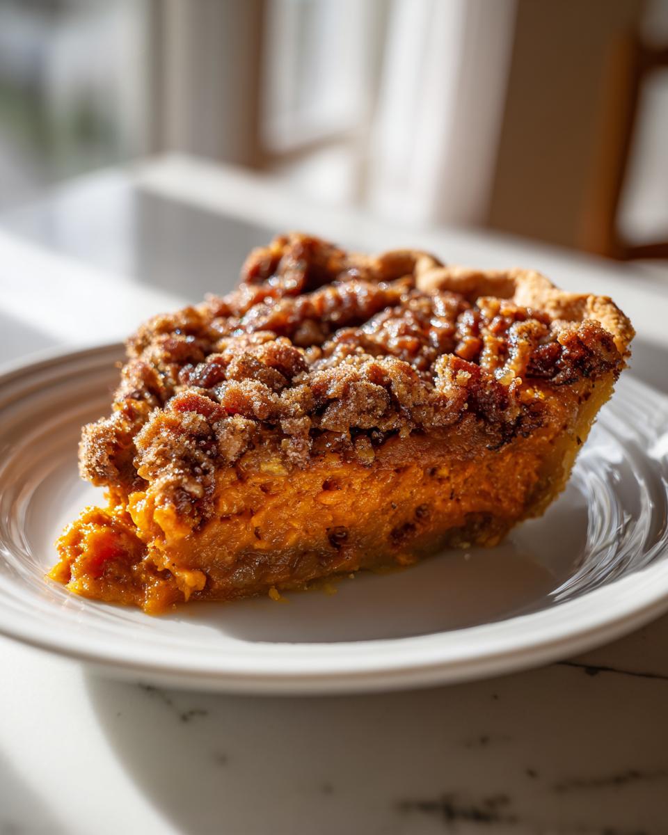 A close-up slice of rich, orange southern sweet potato casserole topped with a crunchy pecan streusel.