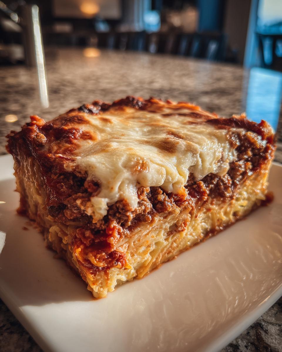 A thick, square slice of baked spaghetti pie showing layers of pasta, meat sauce, and melted mozzarella cheese on top.