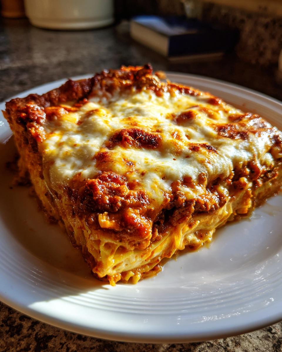 A thick, golden-brown slice of baked spaghetti pie with melted, bubbly cheese on top.