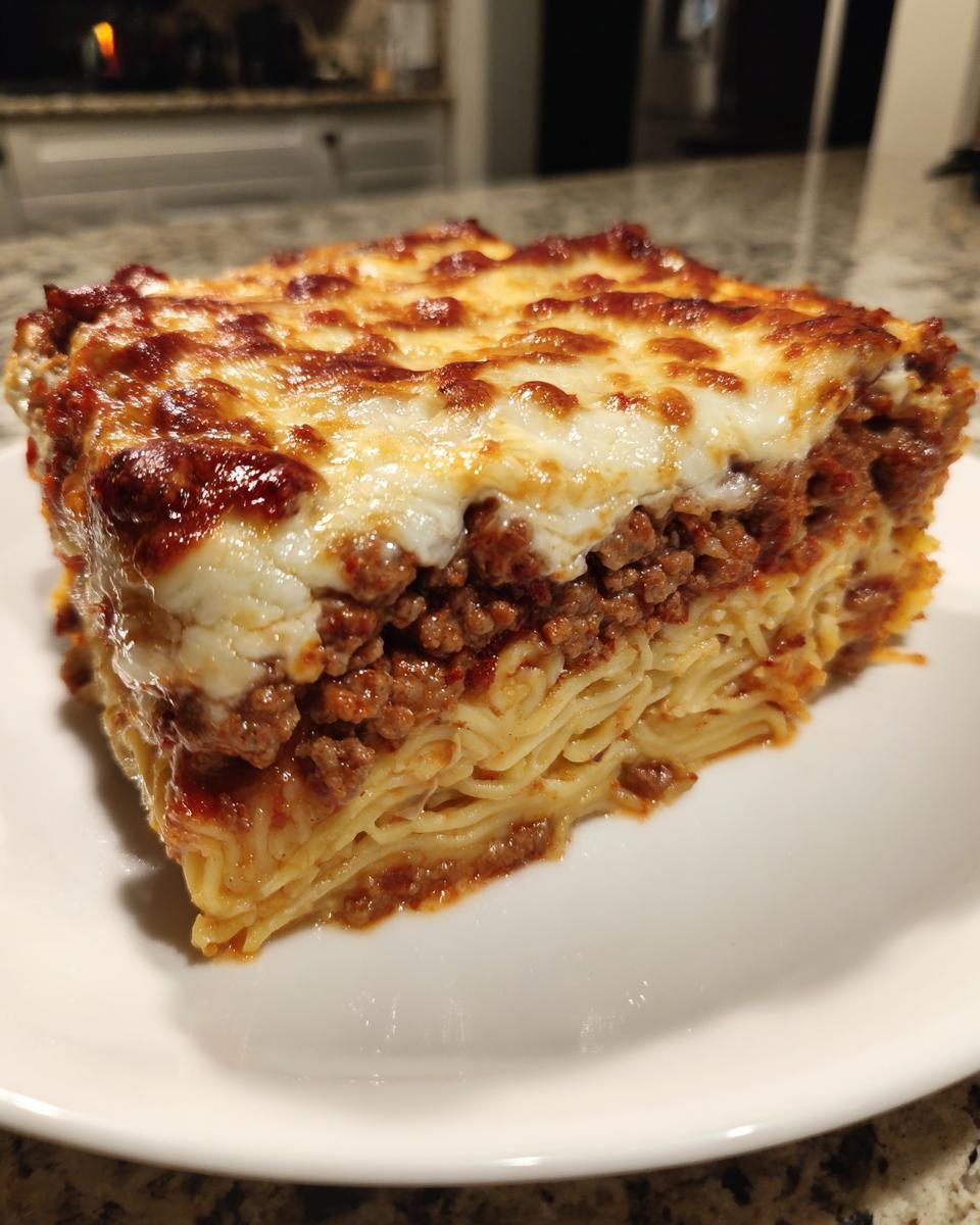 A thick, square slice of baked spaghetti pie showing layers of pasta, rich meat sauce, and a bubbly, browned cheese topping.