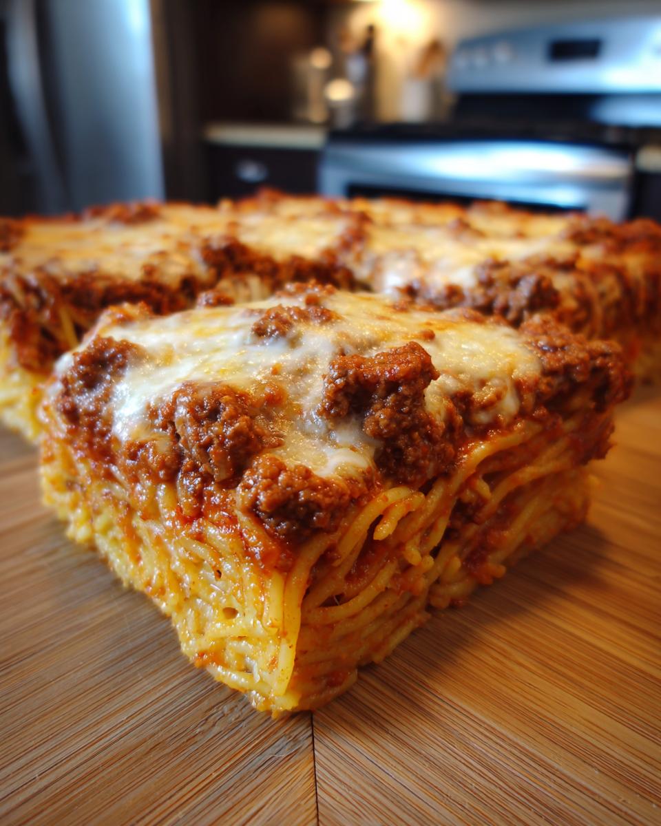 A thick, square slice of baked spaghetti pie topped with rich meat sauce and melted mozzarella cheese.