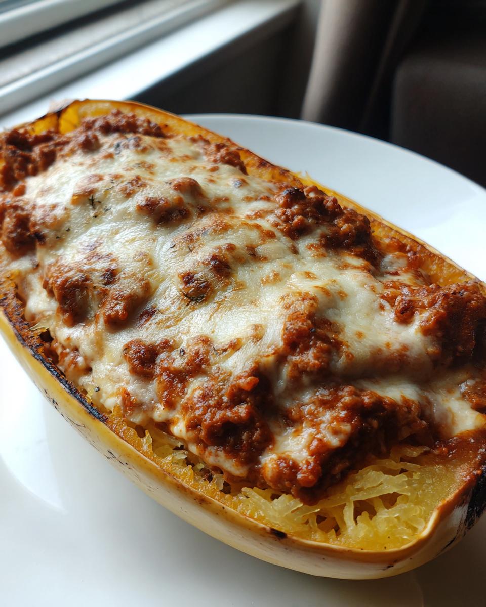 A close-up of a baked spaghetti squash lasagna boat filled with meat sauce and melted mozzarella cheese.