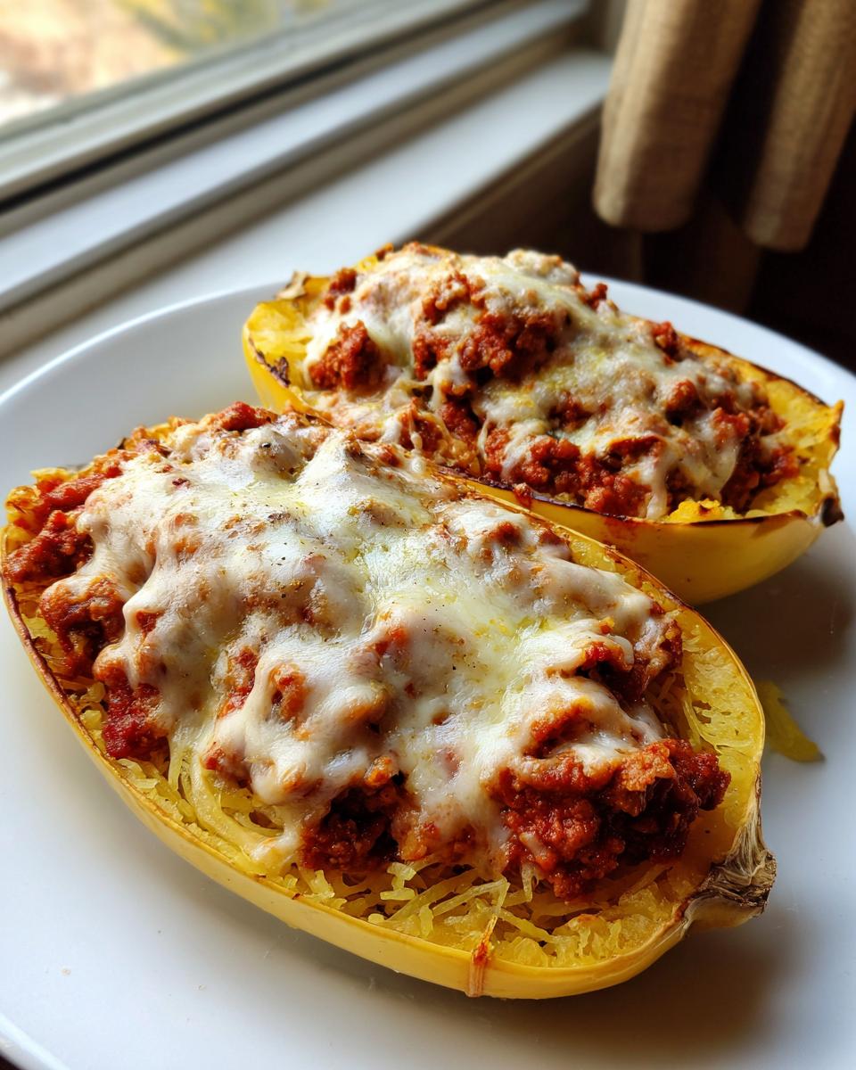 Two halves of baked spaghetti squash filled with meat sauce and topped with melted mozzarella cheese, ready to eat spaghetti squash lasagna.
