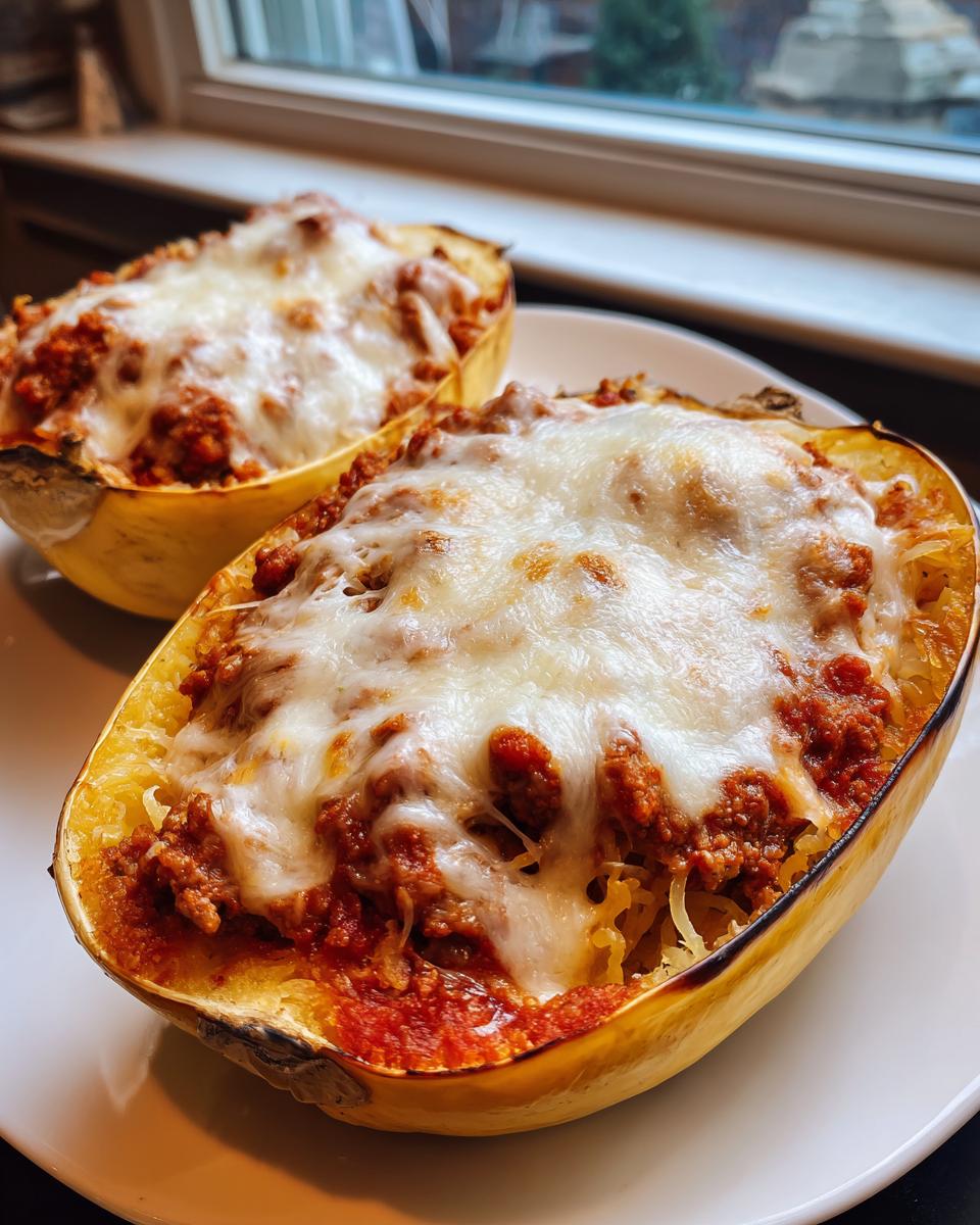 Two halves of baked spaghetti squash filled with meat sauce and melted mozzarella cheese, served as spaghetti squash lasagna boats.