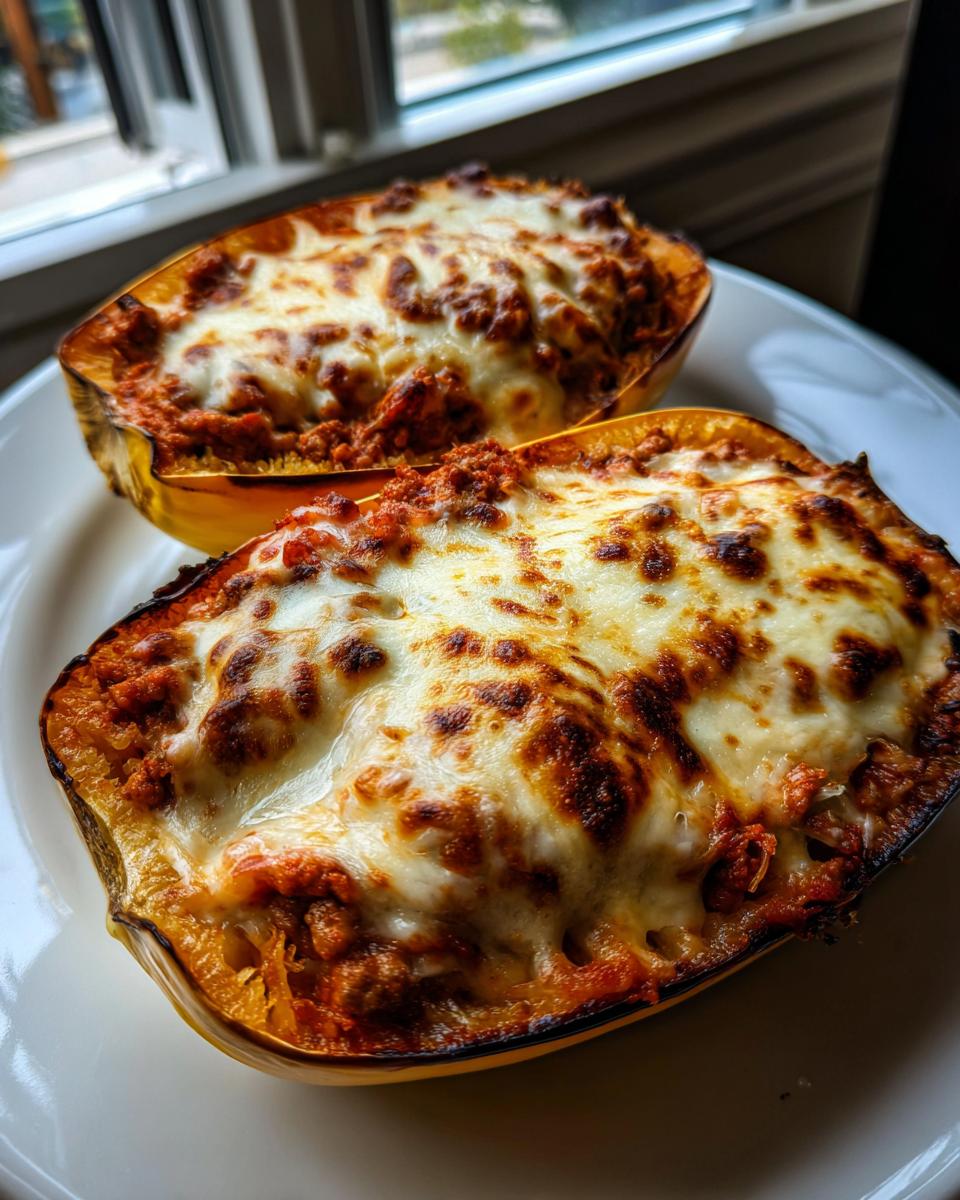 Two halves of baked spaghetti squash lasagna boats topped with browned, melted mozzarella cheese.