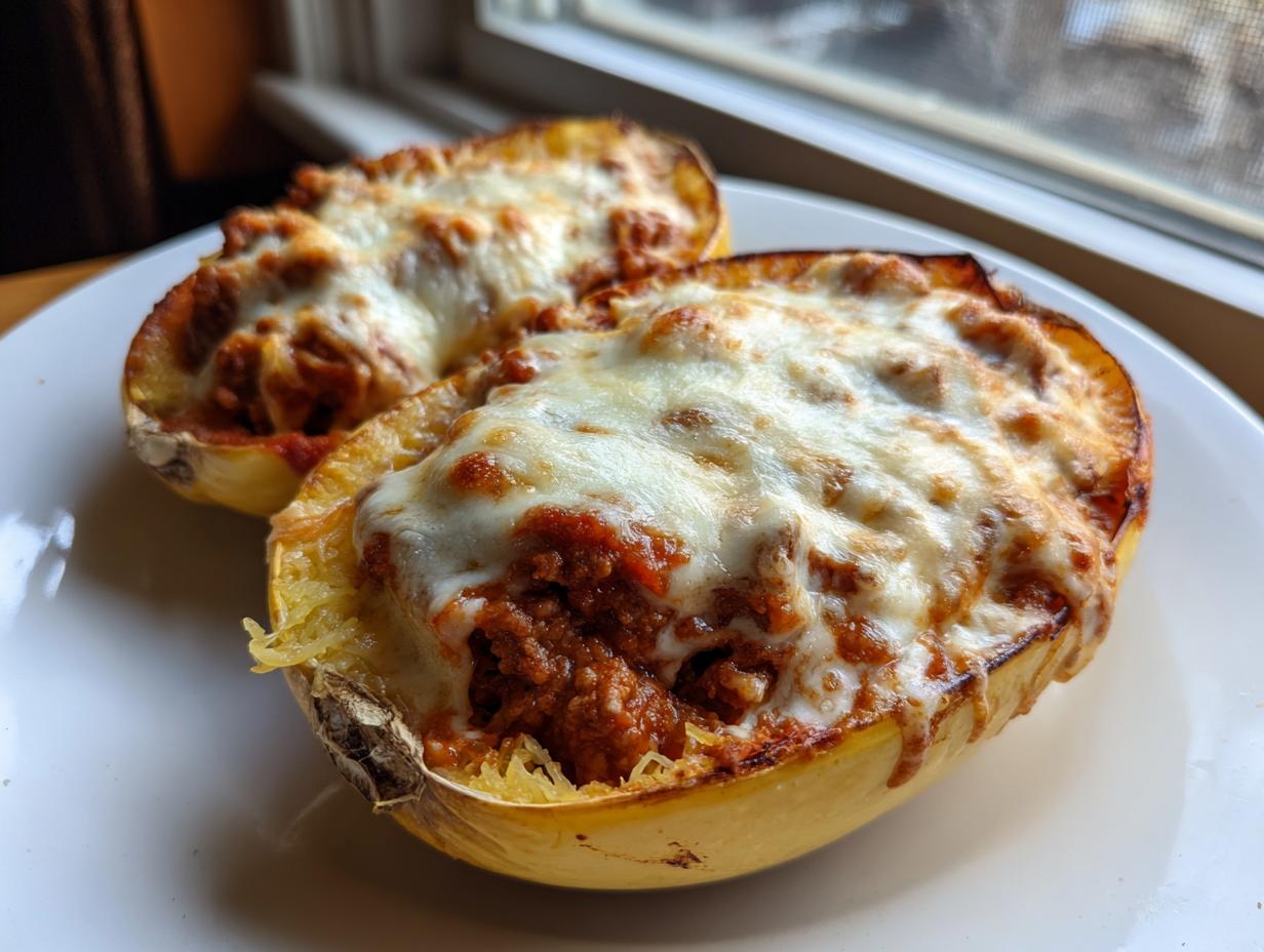 Two halves of baked spaghetti squash lasagna boats topped with rich meat sauce and melted mozzarella cheese.