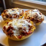 Three baked spaghetti squash lasagna boats filled with meat sauce and topped with melted mozzarella cheese.