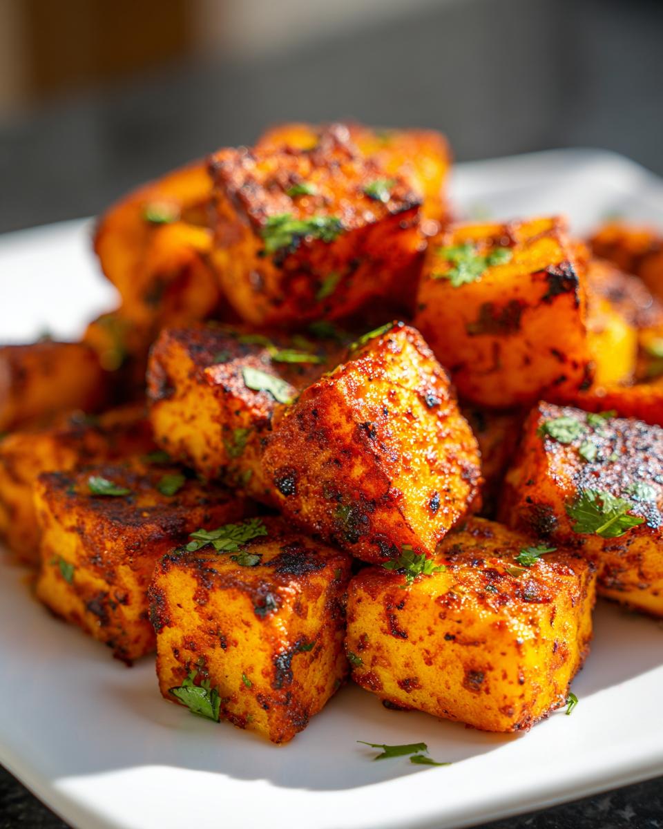 Close-up of vibrant orange, seasoned cubes, likely potatoes, garnished with fresh cilantro, ready for Mexican potatoes.