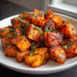 Close-up of perfectly roasted Mexican potatoes cubes coated in red spices and topped with fresh cilantro.
