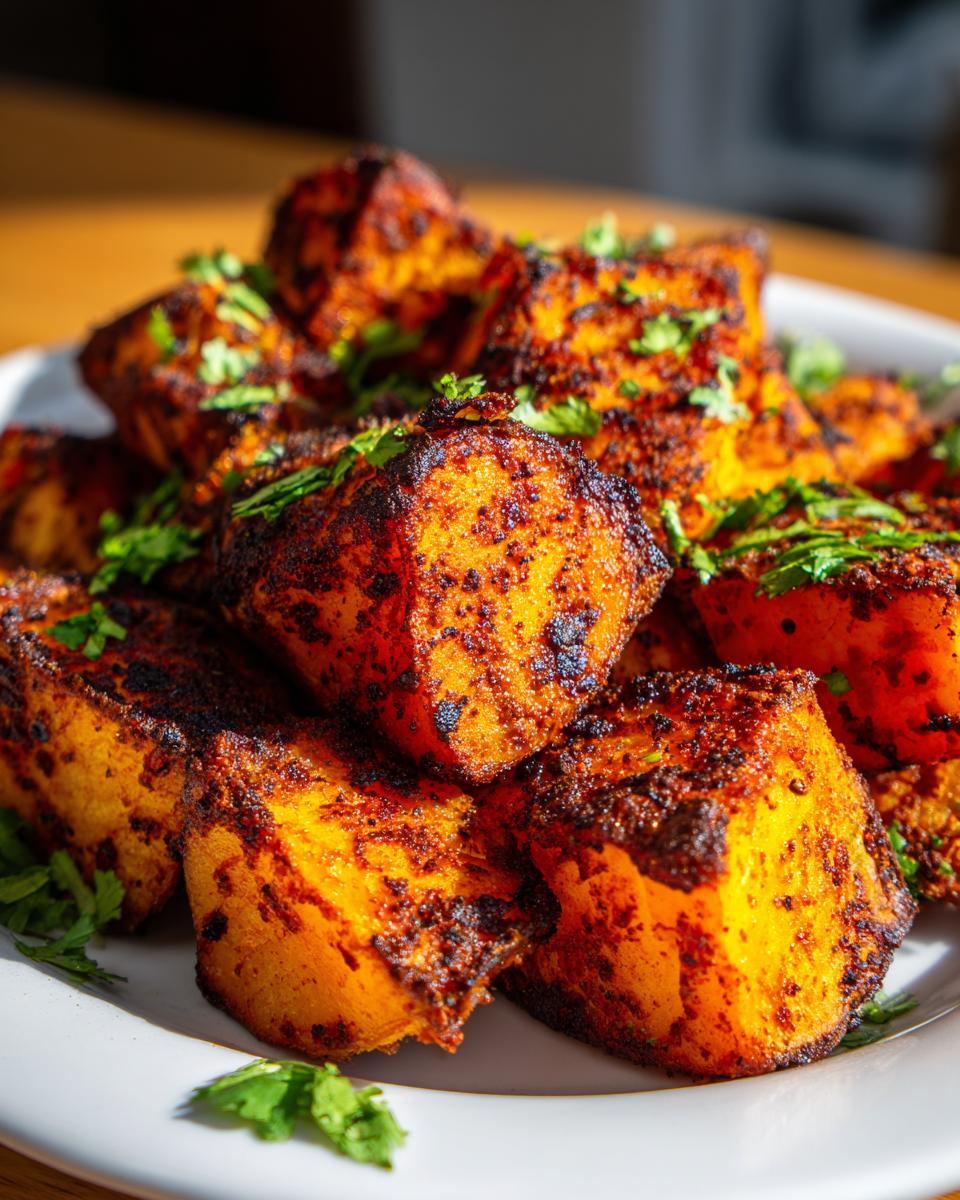 Close-up of perfectly roasted, spiced Mexican potatoes chunks garnished with fresh cilantro on a white plate.