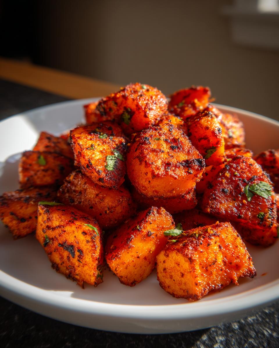 Close-up of perfectly roasted, vibrant orange Mexican potatoes seasoned with chili powder and garnished with cilantro.
