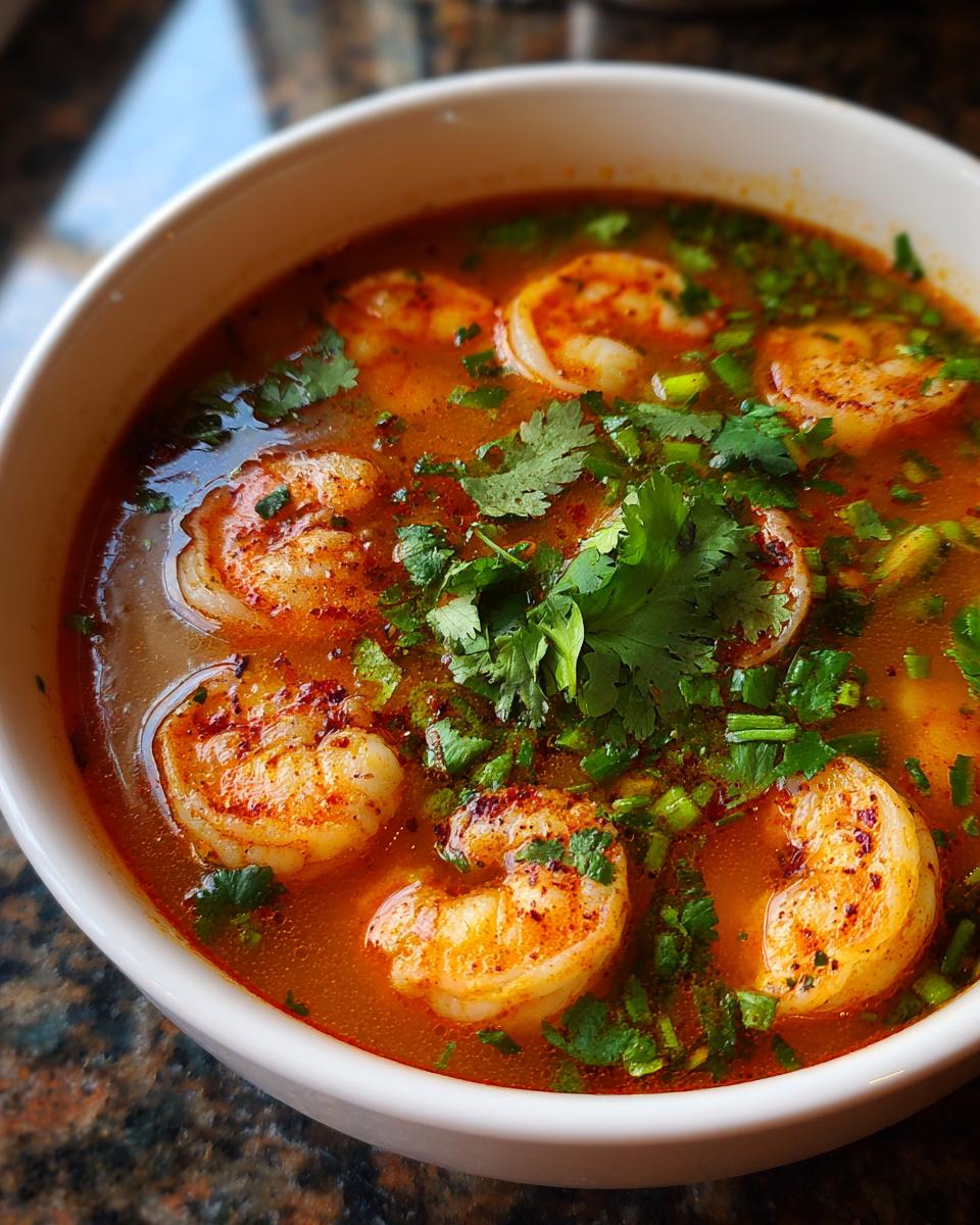 A close-up view of a white bowl filled with vibrant orange tom yum soup, featuring several seasoned shrimp and fresh cilantro.